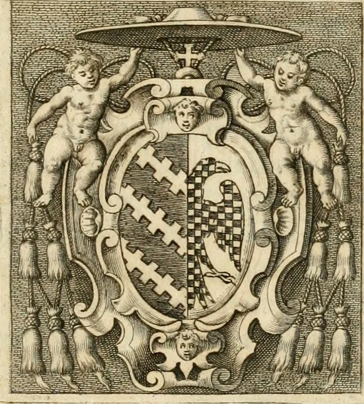 An illustration from Pompeii Vgonii In funere amplissimi Cardinalis Antonii Mariae Salviati oratio ad sacrum Senatvm : habita Romæ in Templo S. Iacobi in Augusta ab eodem Cardinale condito, xi. Kal. Februarij anno MDCIII : item poemata varia die funeris templi parietibus affixa, & funebris pompæ vulgari sermone descriptio, 1603, leaf 8