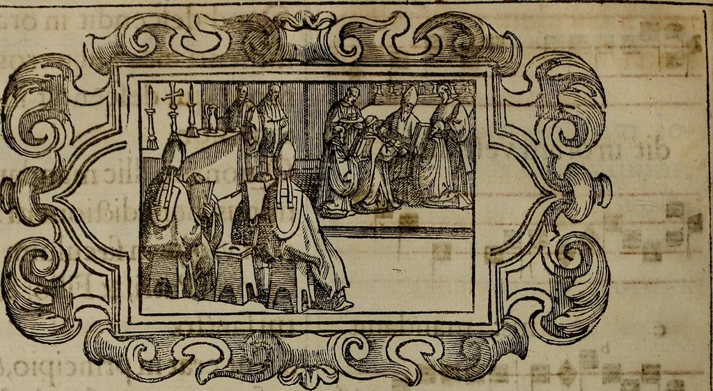 An illustration from Pontificale romanvm Clementis VIII primum : posteà uerò Vrbani VIII ; auctoritate recognitum ; cum figuris, 1683, leaf 109