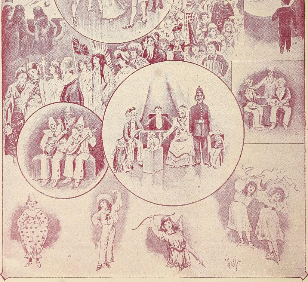 An illustration from Popular pastimes for amusement and instruction : being a standard work on games, plays, magic, and natural phenomena suitable for all occasions : containing parlor games, charming tableaux, tricks of magic, charades and conundrums, curious puzzles, phrenology and mind reading, palmistry or how to read the hand, humorous and pathetic recitations, dialogues, etc., etc. : including the delightful art of entertaining, the whole forming a charming treasury of pastimes for the home, public schools and academies, lodges, social gatherings, Sunday schools, etc., etc., 1901, leaf 57