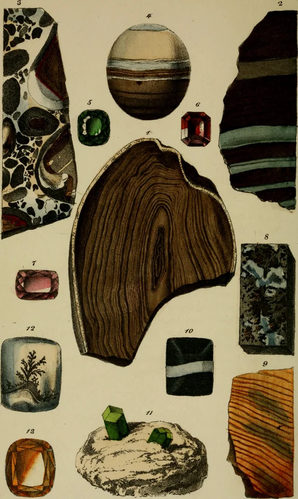 An illustration from A popular treatise on gems, in reference to their scientific value; a guide for the teacher of natural sciences, the jeweller, and amateur: together with a description of the elements of mineralogy, and all ornamental and architectural materials .., 1859, leaf 489