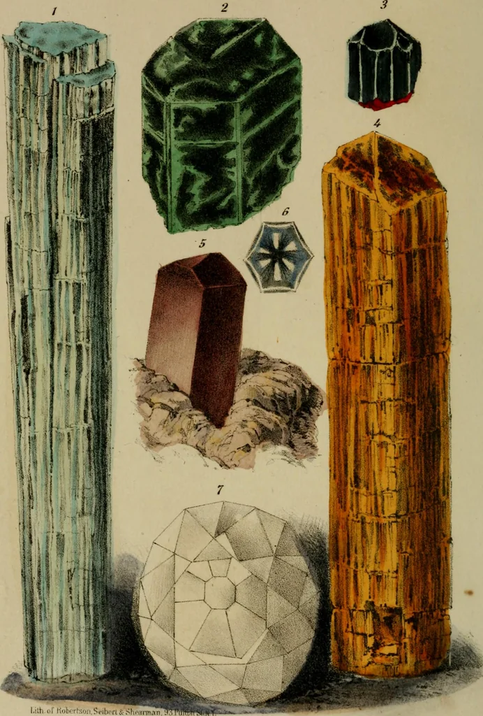 An illustration from A popular treatise on gems, in reference to their scientific value; a guide for the teacher of natural sciences, the jeweller, and amateur: together with a description of the elements of mineralogy, and all ornamental and architectural materials .., 1859, leaf 9