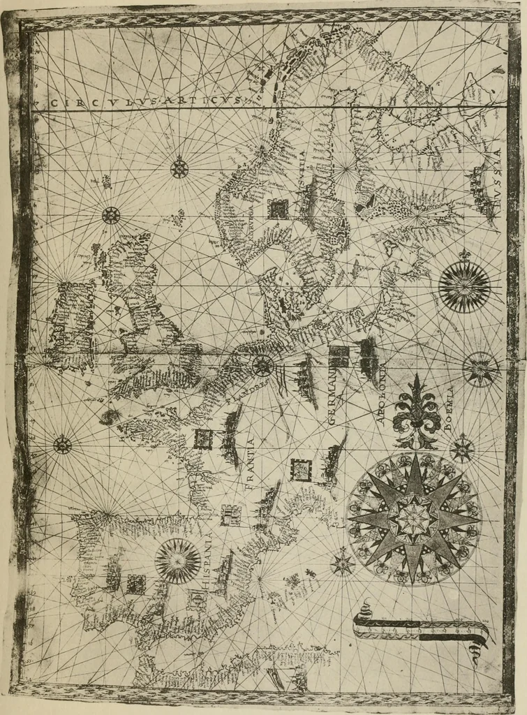 An illustration from Portolan charts; their origin and characteristics, with a descriptive list of those belonging to the Hispanic society of America, 1911, leaf 104