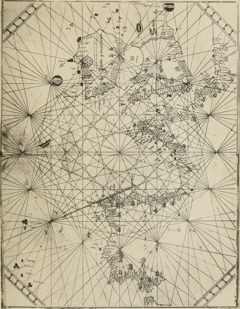 An illustration from Portolan charts; their origin and characteristics, with a descriptive list of those belonging to the Hispanic society of America, 1911, leaf 36
