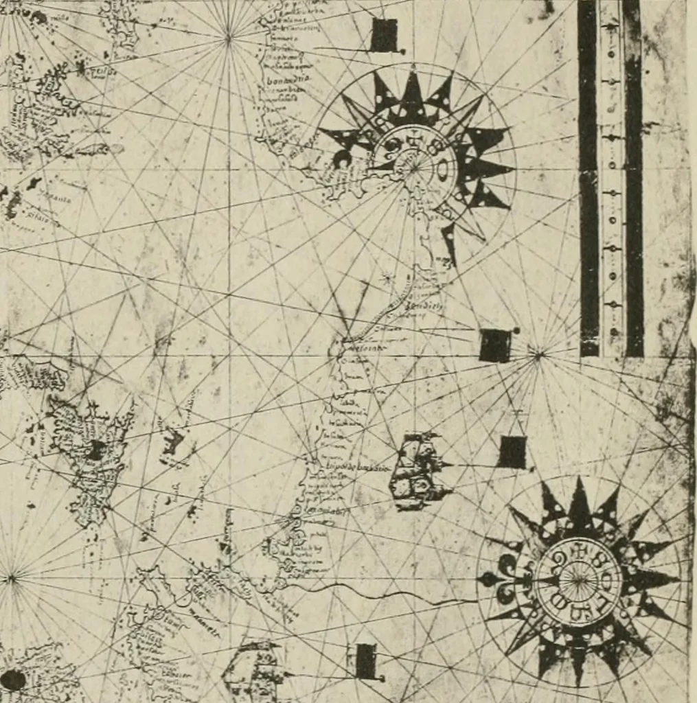 An illustration from Portolan charts; their origin and characteristics, with a descriptive list of those belonging to the Hispanic society of America, 1911, leaf 84