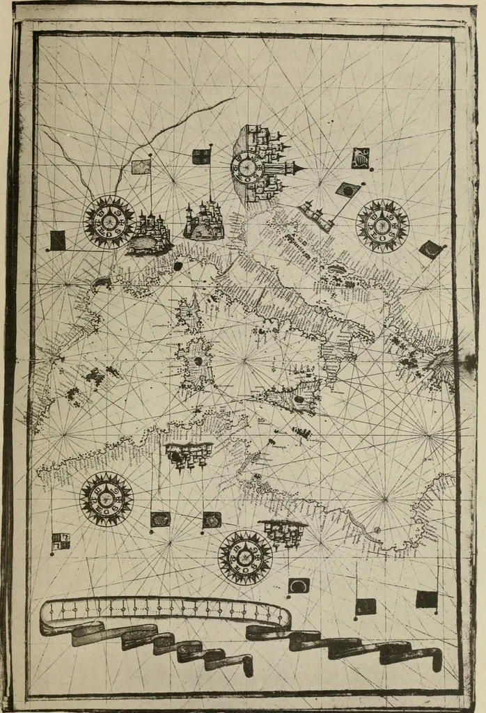 An illustration from Portolan charts; their origin and characteristics, with a descriptive list of those belonging to the Hispanic society of America, 1911, leaf 94