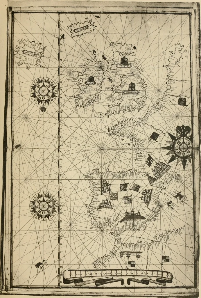 An illustration from Portolan charts; their origin and characteristics, with a descriptive list of those belonging to the Hispanic society of America, 1911, leaf 98