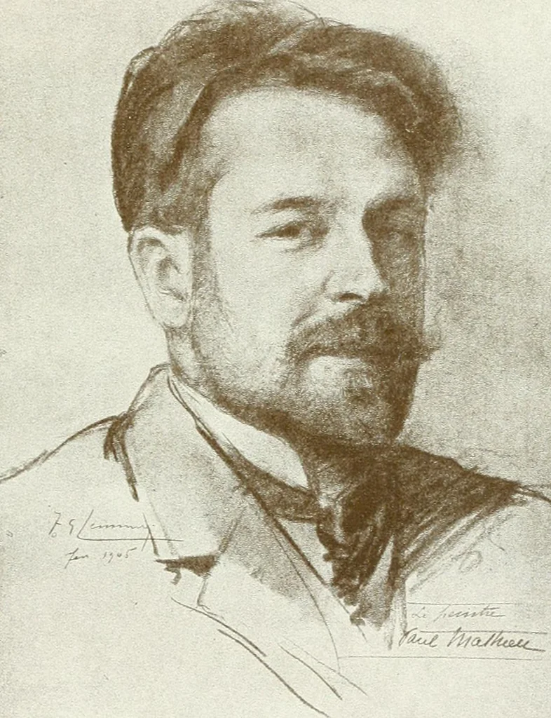 An illustration from Portraits d'artistes : peintres: Berthe Art, François Bulens, André Collin ... [et al.] : sculpteurs: Guillaume Charlier, Isidore de Rudder, Julien Dillens ... [et al.], 1905, leaf 140