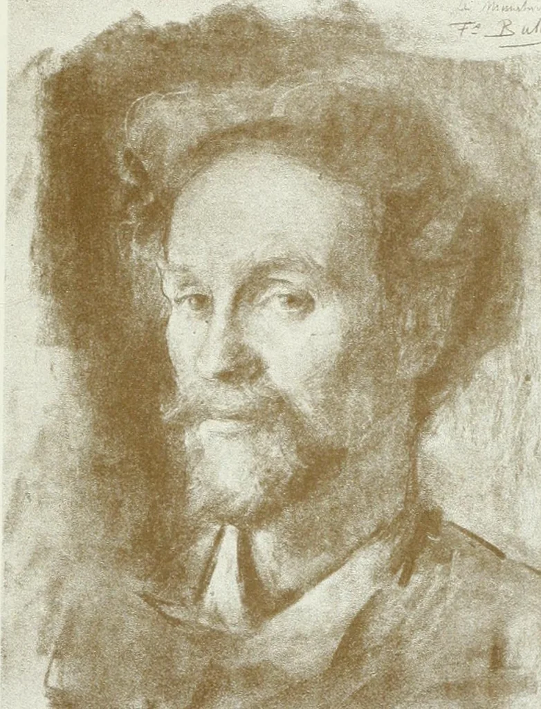 An illustration from Portraits d'artistes : peintres: Berthe Art, François Bulens, André Collin ... [et al.] : sculpteurs: Guillaume Charlier, Isidore de Rudder, Julien Dillens ... [et al.], 1905, leaf 28