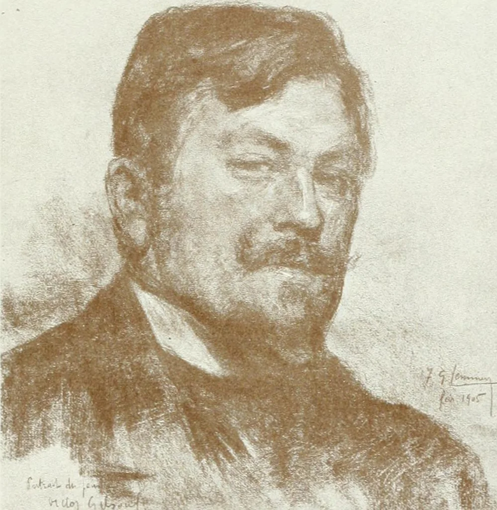 An illustration from Portraits d'artistes : peintres: Berthe Art, François Bulens, André Collin ... [et al.] : sculpteurs: Guillaume Charlier, Isidore de Rudder, Julien Dillens ... [et al.], 1905, leaf 86