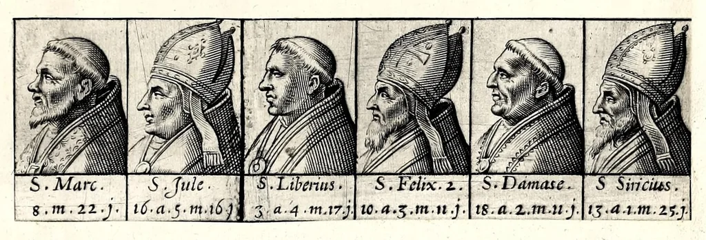 An illustration from Portraitz des Papes depuis S. Pierre Apostre iusques a present, tirez des antiques, auec le temps que chacun d'eulx a tenu le siege, 1605, leaf 15