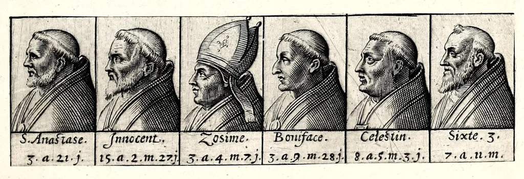 An illustration from Portraitz des Papes depuis S. Pierre Apostre iusques a present, tirez des antiques, auec le temps que chacun d'eulx a tenu le siege, 1605, leaf 15