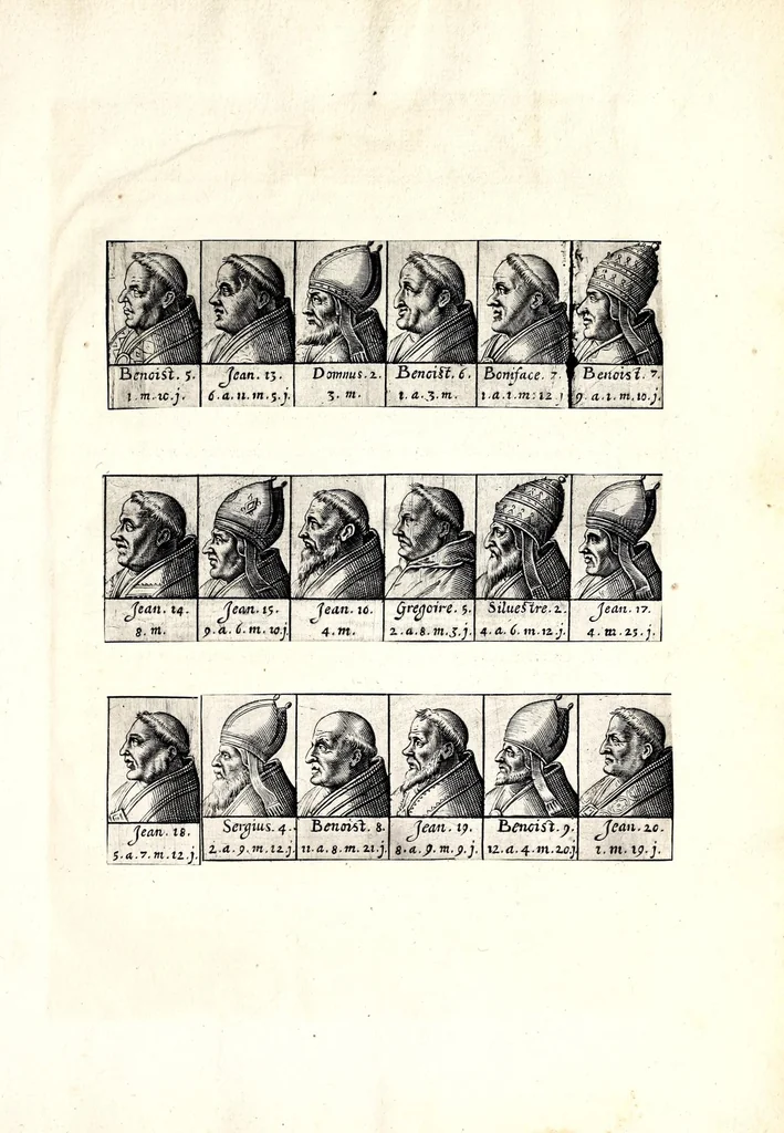 An illustration from Portraitz des Papes depuis S. Pierre Apostre iusques a present, tirez des antiques, auec le temps que chacun d'eulx a tenu le siege, 1605, leaf 27