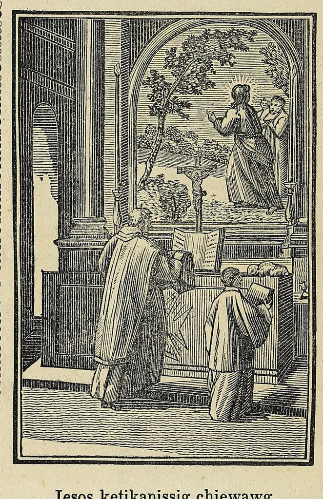 An illustration from Potewatemi nememissinoikan ewiyowat nemadjik catholiques endjik, 1846, leaf 20