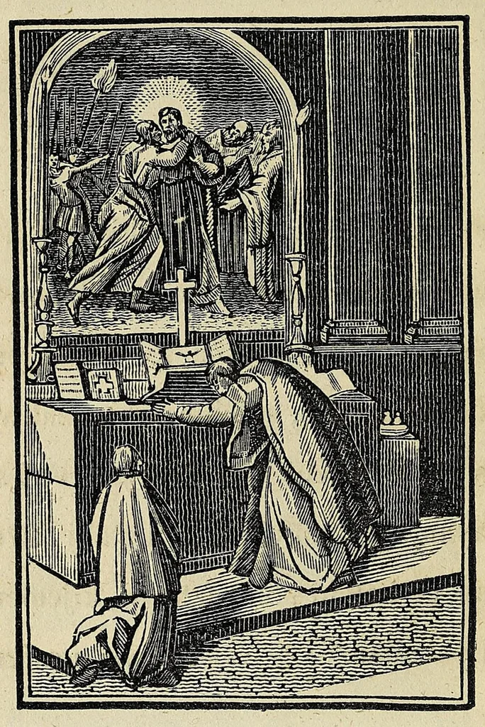 An illustration from Potewatemi nememissinoikan ewiyowat nemadjik catholiques endjik, 1846, leaf 26