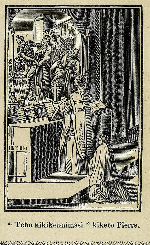 An illustration from Potewatemi nememissinoikan ewiyowat nemadjik catholiques endjik, 1846, leaf 32