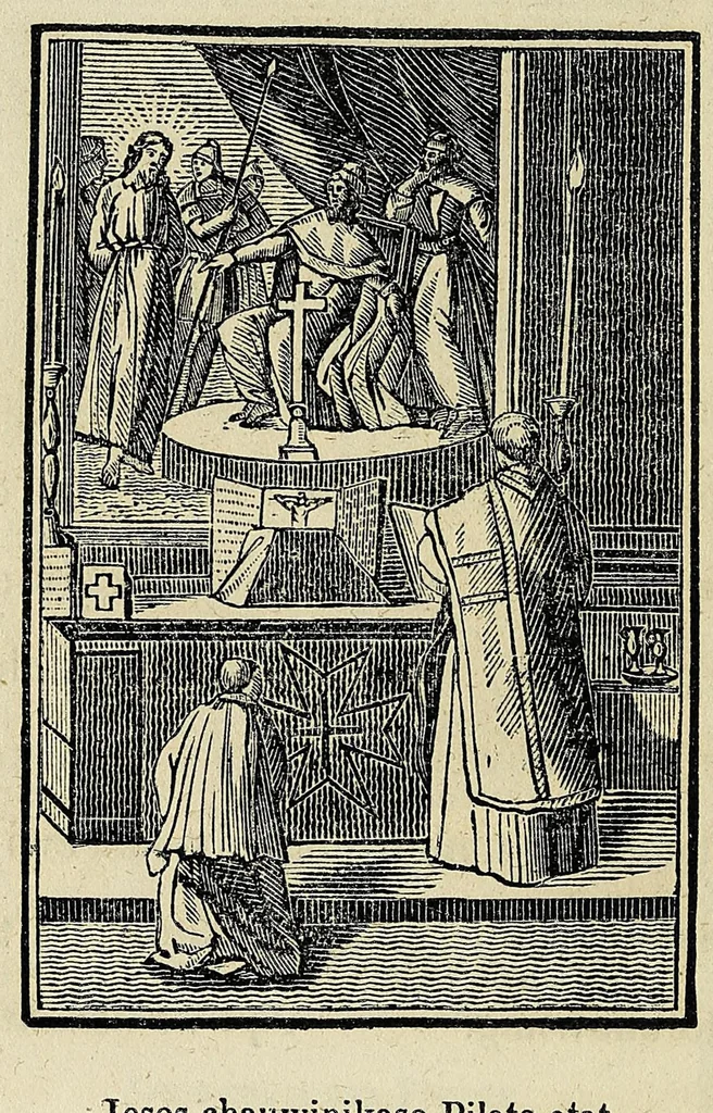 An illustration from Potewatemi nememissinoikan ewiyowat nemadjik catholiques endjik, 1846, leaf 36