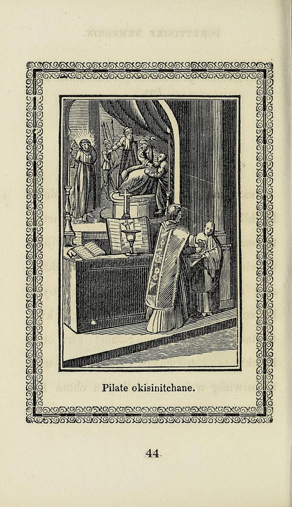 An illustration from Potewatemi nememissinoikan ewiyowat nemadjik catholiques endjik, 1846, leaf 48