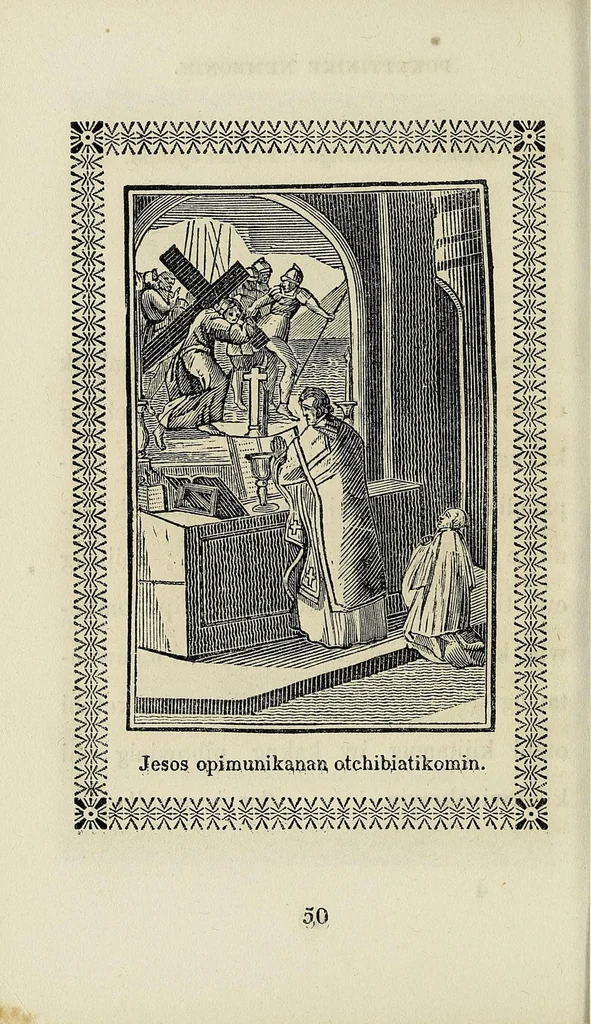 An illustration from Potewatemi nememissinoikan ewiyowat nemadjik catholiques endjik, 1846, leaf 54