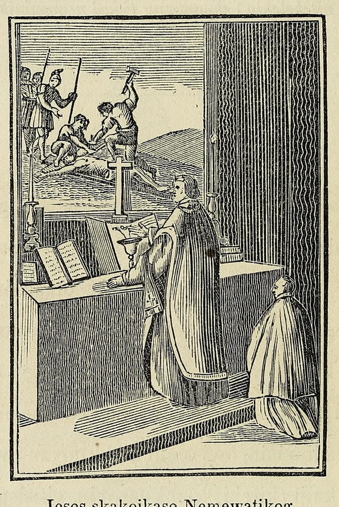 An illustration from Potewatemi nememissinoikan ewiyowat nemadjik catholiques endjik, 1846, leaf 58