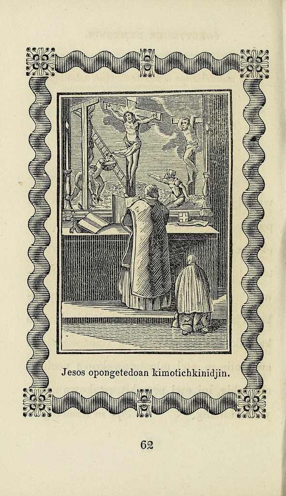 An illustration from Potewatemi nememissinoikan ewiyowat nemadjik catholiques endjik, 1846, leaf 66