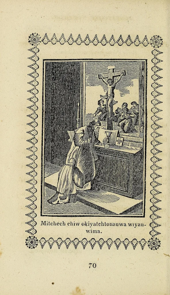 An illustration from Potewatemi nememissinoikan ewiyowat nemadjik catholiques endjik, 1846, leaf 74