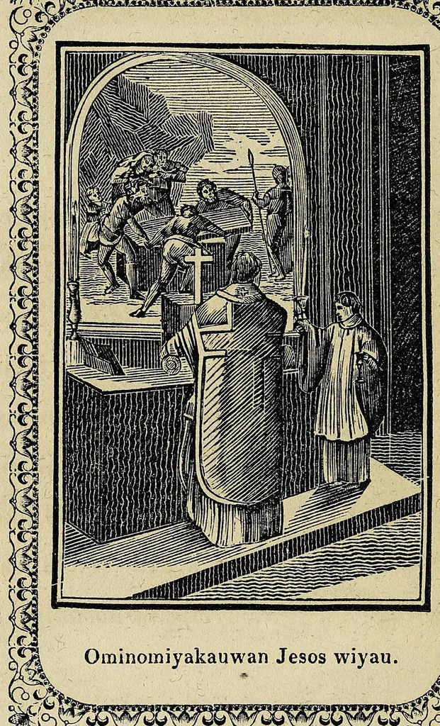 An illustration from Potewatemi nememissinoikan ewiyowat nemadjik catholiques endjik, 1846, leaf 78