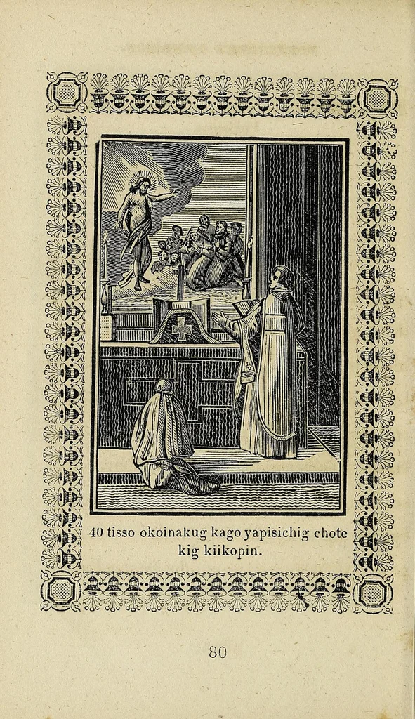 An illustration from Potewatemi nememissinoikan ewiyowat nemadjik catholiques endjik, 1846, leaf 84