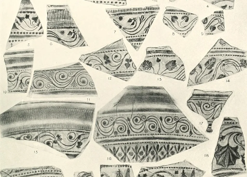 An illustration from The pottery found at Silchester : a descriptive account of the pottery recovered during the excavations on the site of the Romano-British city of Calleva Atrebatum at Silchester, Hants., and deposited in the Reading Museum, 1916, leaf 364