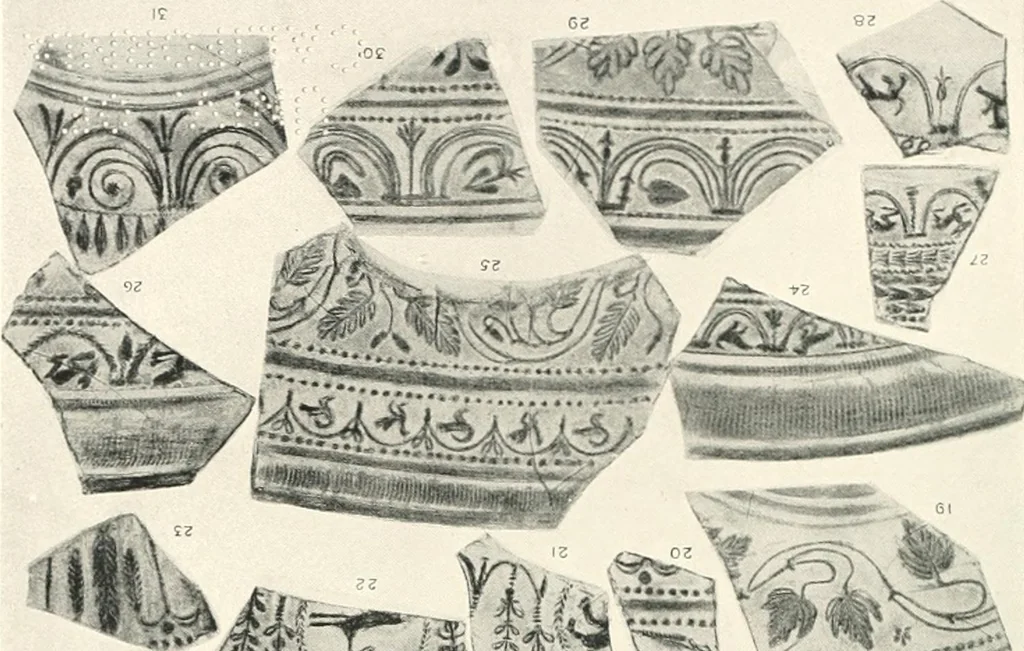 An illustration from The pottery found at Silchester : a descriptive account of the pottery recovered during the excavations on the site of the Romano-British city of Calleva Atrebatum at Silchester, Hants., and deposited in the Reading Museum, 1916, leaf 364
