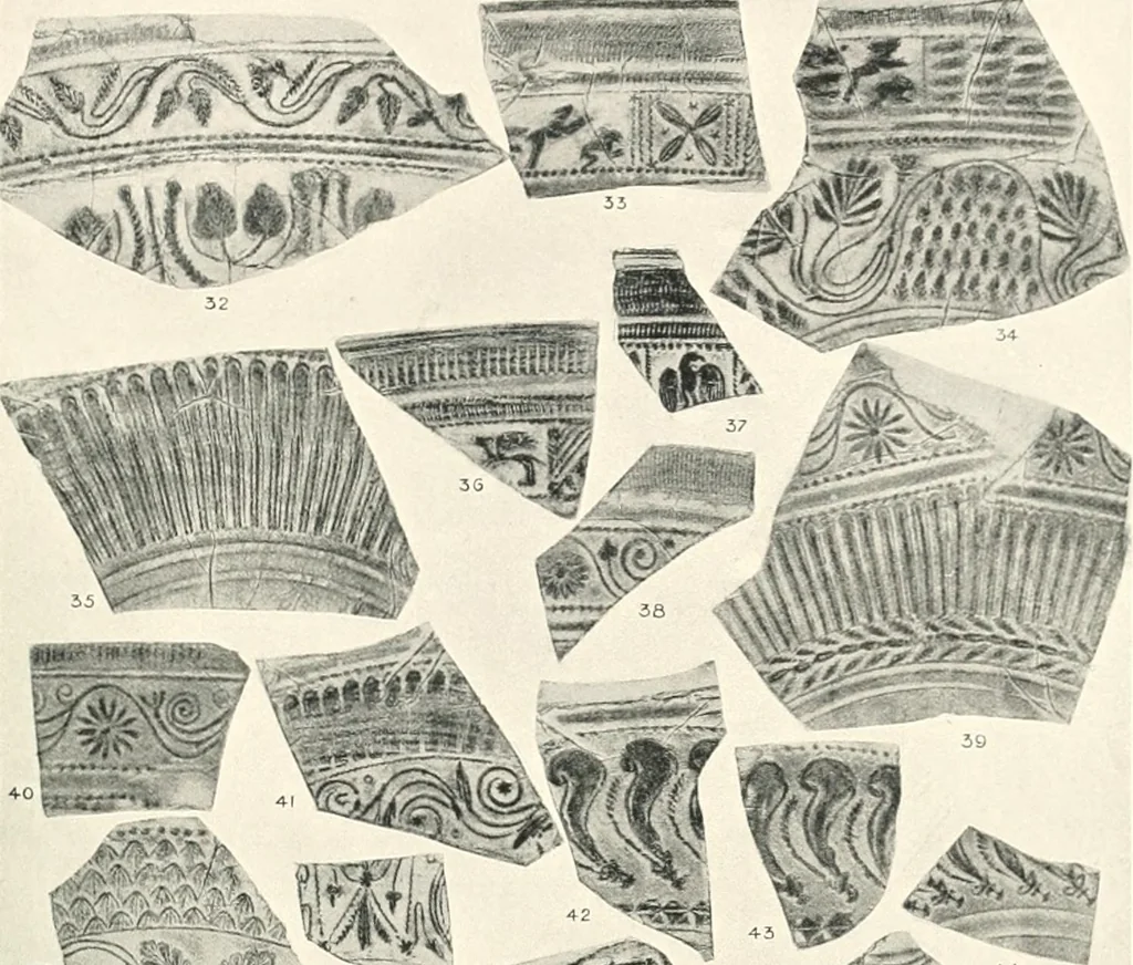 An illustration from The pottery found at Silchester : a descriptive account of the pottery recovered during the excavations on the site of the Romano-British city of Calleva Atrebatum at Silchester, Hants., and deposited in the Reading Museum, 1916, leaf 366