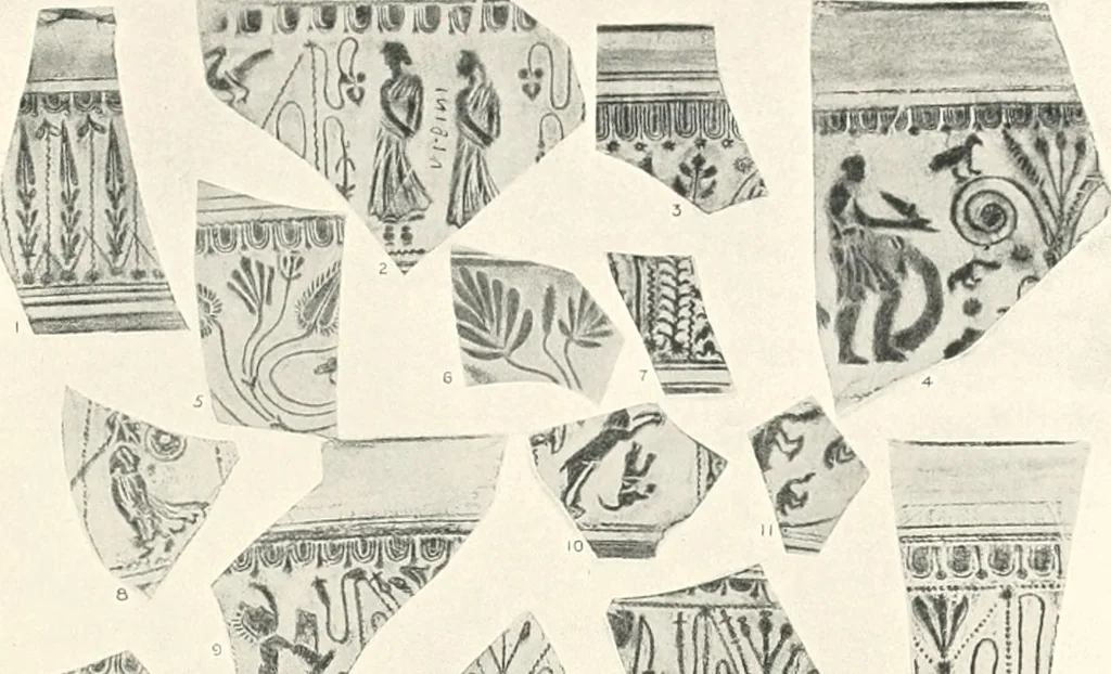An illustration from The pottery found at Silchester : a descriptive account of the pottery recovered during the excavations on the site of the Romano-British city of Calleva Atrebatum at Silchester, Hants., and deposited in the Reading Museum, 1916, leaf 376