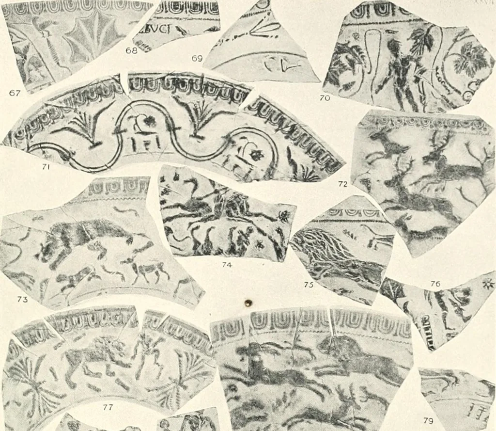 An illustration from The pottery found at Silchester : a descriptive account of the pottery recovered during the excavations on the site of the Romano-British city of Calleva Atrebatum at Silchester, Hants., and deposited in the Reading Museum, 1916, leaf 396