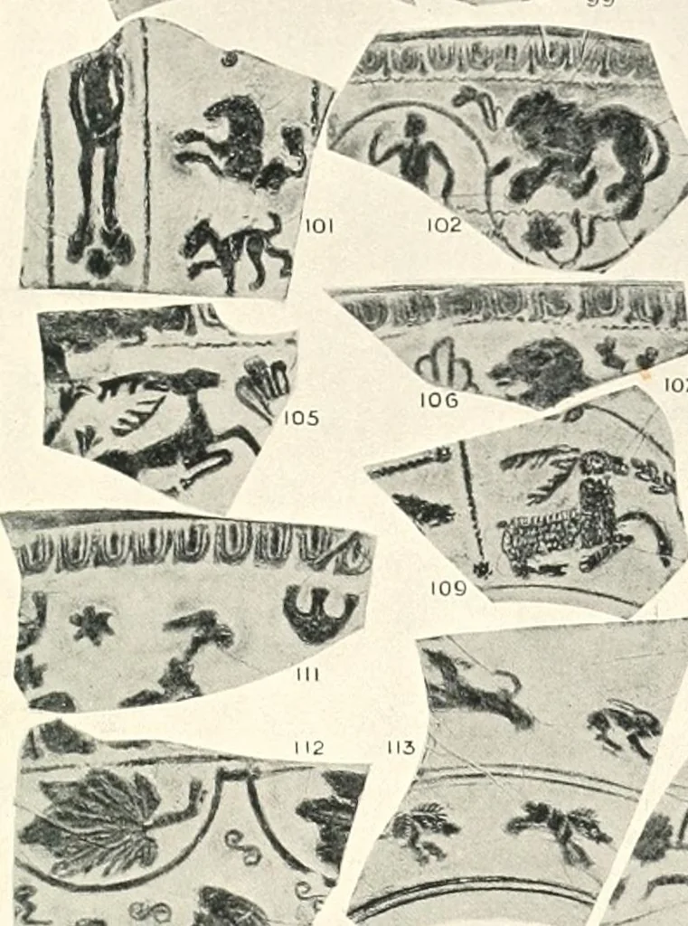 An illustration from The pottery found at Silchester : a descriptive account of the pottery recovered during the excavations on the site of the Romano-British city of Calleva Atrebatum at Silchester, Hants., and deposited in the Reading Museum, 1916, leaf 398