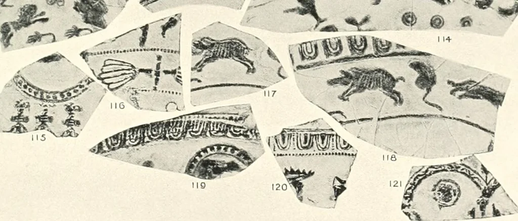 An illustration from The pottery found at Silchester : a descriptive account of the pottery recovered during the excavations on the site of the Romano-British city of Calleva Atrebatum at Silchester, Hants., and deposited in the Reading Museum, 1916, leaf 398