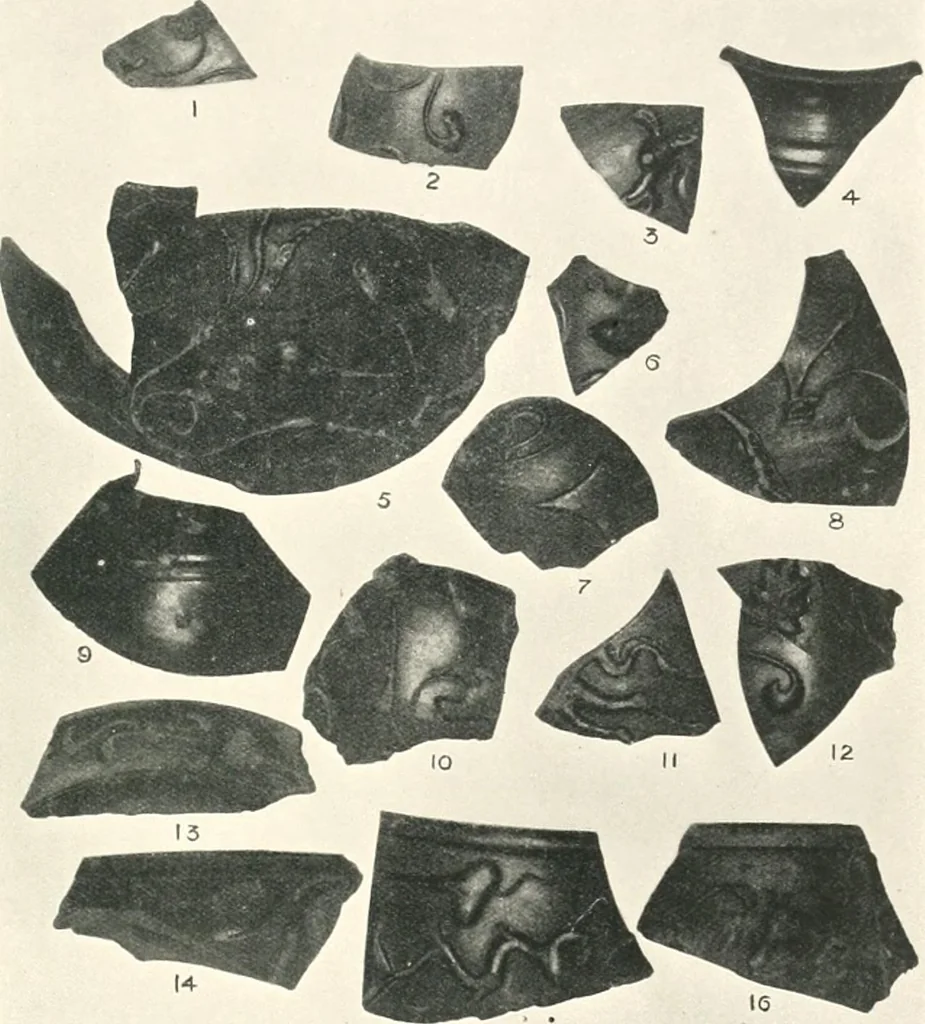 An illustration from The pottery found at Silchester : a descriptive account of the pottery recovered during the excavations on the site of the Romano-British city of Calleva Atrebatum at Silchester, Hants., and deposited in the Reading Museum, 1916, leaf 414