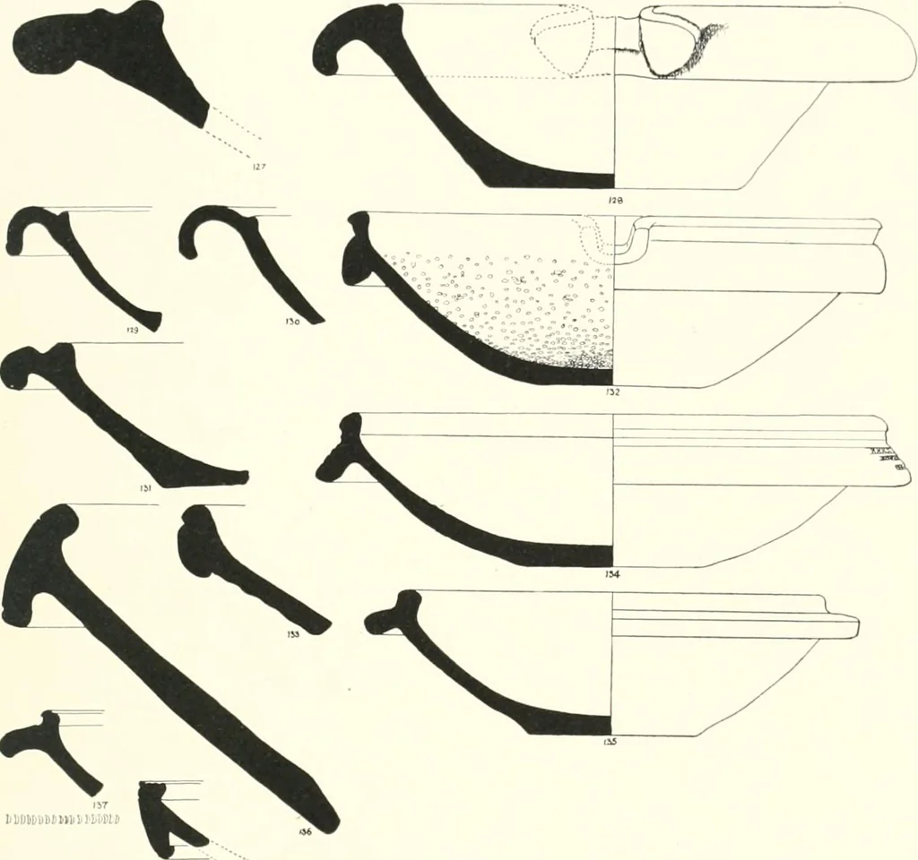An illustration from The pottery found at Silchester : a descriptive account of the pottery recovered during the excavations on the site of the Romano-British city of Calleva Atrebatum at Silchester, Hants., and deposited in the Reading Museum, 1916, leaf 470