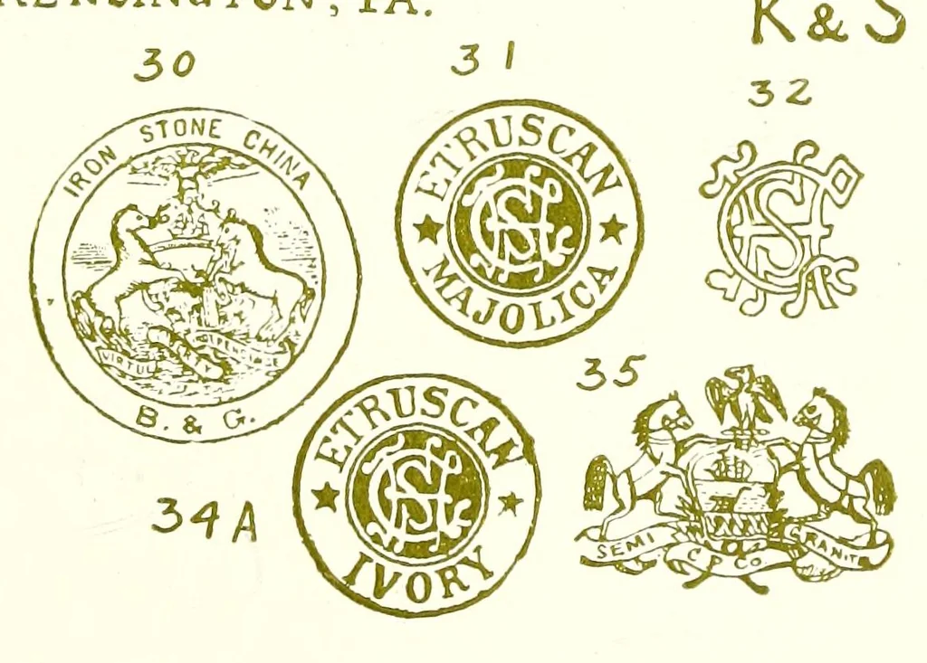 An illustration from Pottery. A history of the pottery industry and its evolution as applied to sanitation, with unique specimens and facsimile marks from ancient to modern foreign and American wares .., 1910, leaf 223