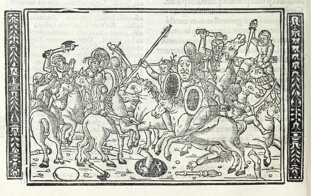 An illustration from P. Ouidii Metamorphosis : cum luculentissimis Raphaelis Regij enarrationibus : quibus cũ alia q̃da[m] ascripta sunt : q̃ in exemplarib[us] antea impressis nom inueniuntur : tum eorum apologia : q̃ fuerant a quibusdam reprehensa, 1517, leaf 116