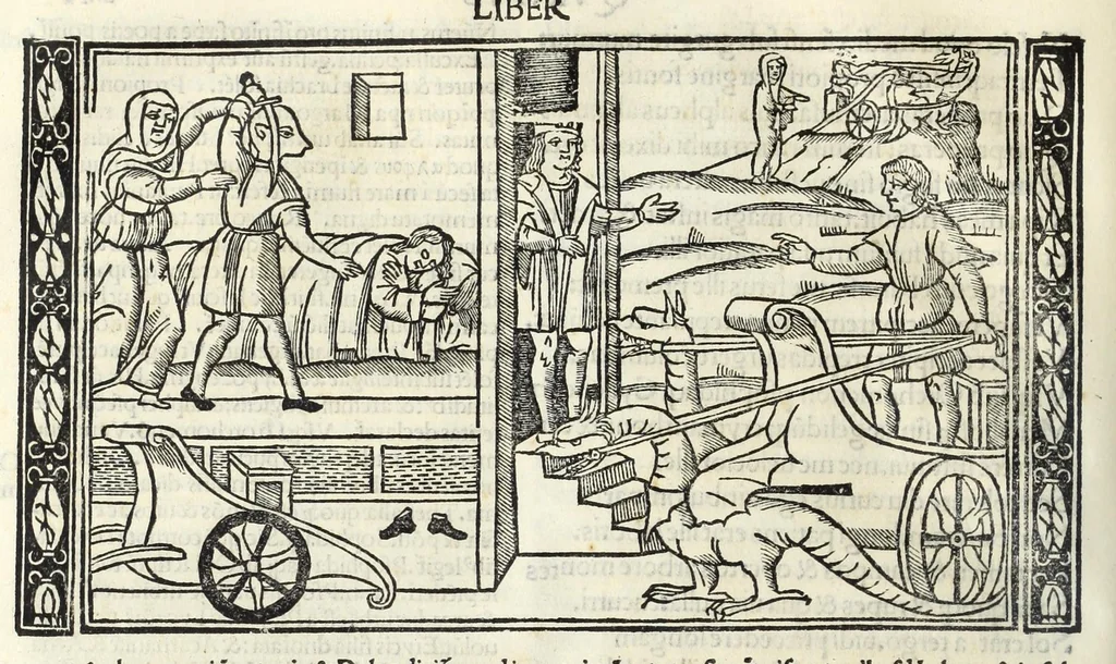 An illustration from P. Ouidii Metamorphosis : cum luculentissimis Raphaelis Regij enarrationibus : quibus cũ alia q̃da[m] ascripta sunt : q̃ in exemplarib[us] antea impressis nom inueniuntur : tum eorum apologia : q̃ fuerant a quibusdam reprehensa, 1517, leaf 134