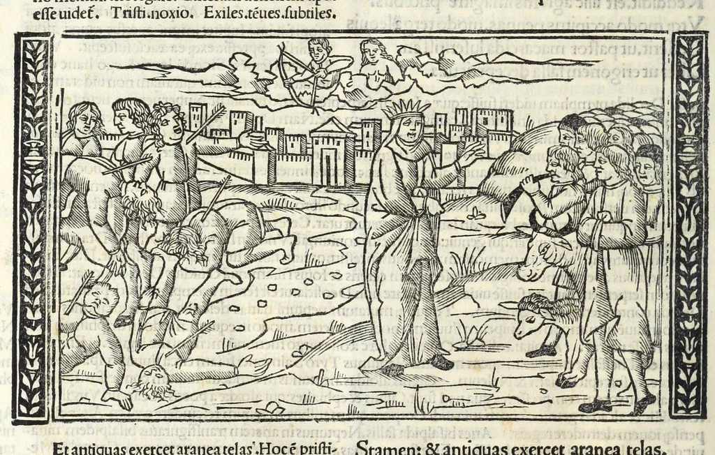 An illustration from P. Ouidii Metamorphosis : cum luculentissimis Raphaelis Regij enarrationibus : quibus cũ alia q̃da[m] ascripta sunt : q̃ in exemplarib[us] antea impressis nom inueniuntur : tum eorum apologia : q̃ fuerant a quibusdam reprehensa, 1517, leaf 140