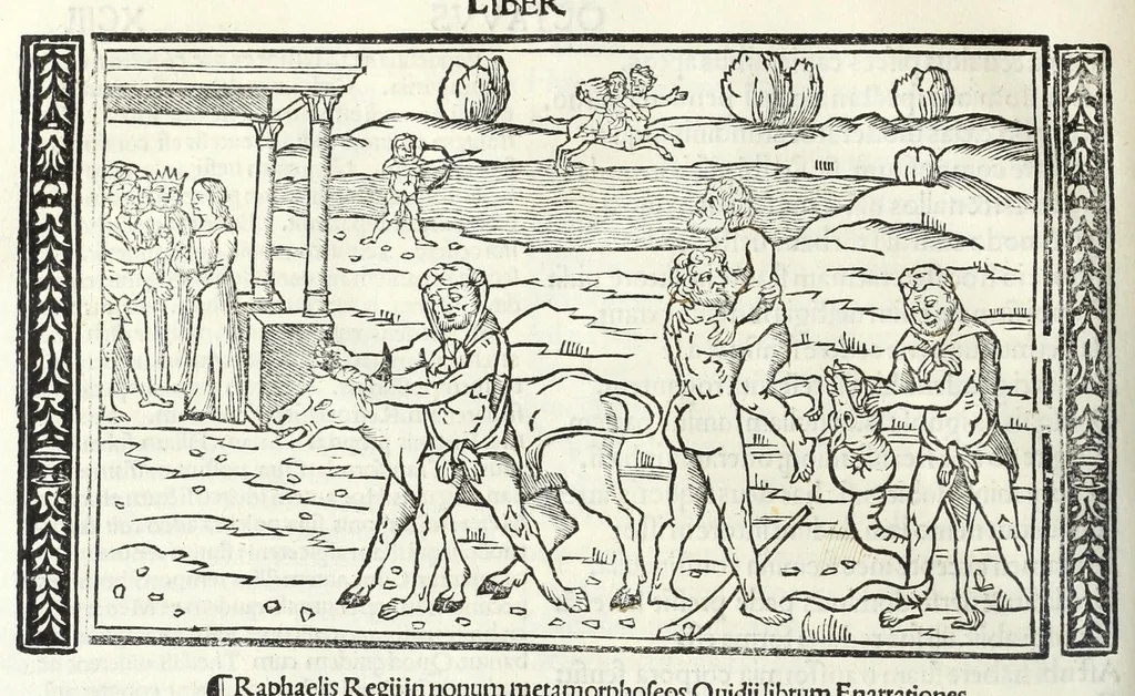 An illustration from P. Ouidii Metamorphosis : cum luculentissimis Raphaelis Regij enarrationibus : quibus cũ alia q̃da[m] ascripta sunt : q̃ in exemplarib[us] antea impressis nom inueniuntur : tum eorum apologia : q̃ fuerant a quibusdam reprehensa, 1517, leaf 202