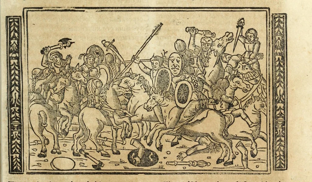 An illustration from P. Ouidii Metamorphosis : cum luculentissimis Raphaelis Regij enarrationibus : quibus cũ alia q̃da[m] ascripta sunt : q̃ in exemplarib[us] antea impressis nom inueniuntur : tum eorum apologia : q̃ fuerant a quibusdam reprehensa, 1517, leaf 207