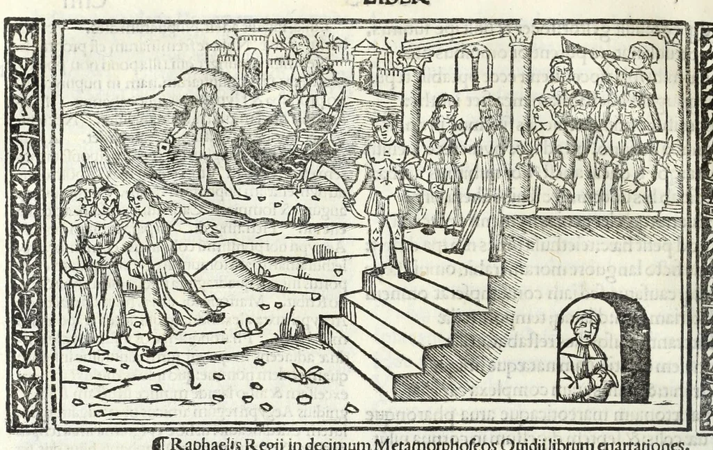 An illustration from P. Ouidii Metamorphosis : cum luculentissimis Raphaelis Regij enarrationibus : quibus cũ alia q̃da[m] ascripta sunt : q̃ in exemplarib[us] antea impressis nom inueniuntur : tum eorum apologia : q̃ fuerant a quibusdam reprehensa, 1517, leaf 224