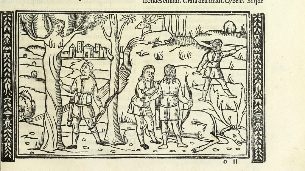 An illustration from P. Ouidii Metamorphosis : cum luculentissimis Raphaelis Regij enarrationibus : quibus cũ alia q̃da[m] ascripta sunt : q̃ in exemplarib[us] antea impressis nom inueniuntur : tum eorum apologia : q̃ fuerant a quibusdam reprehensa, 1517, leaf 227