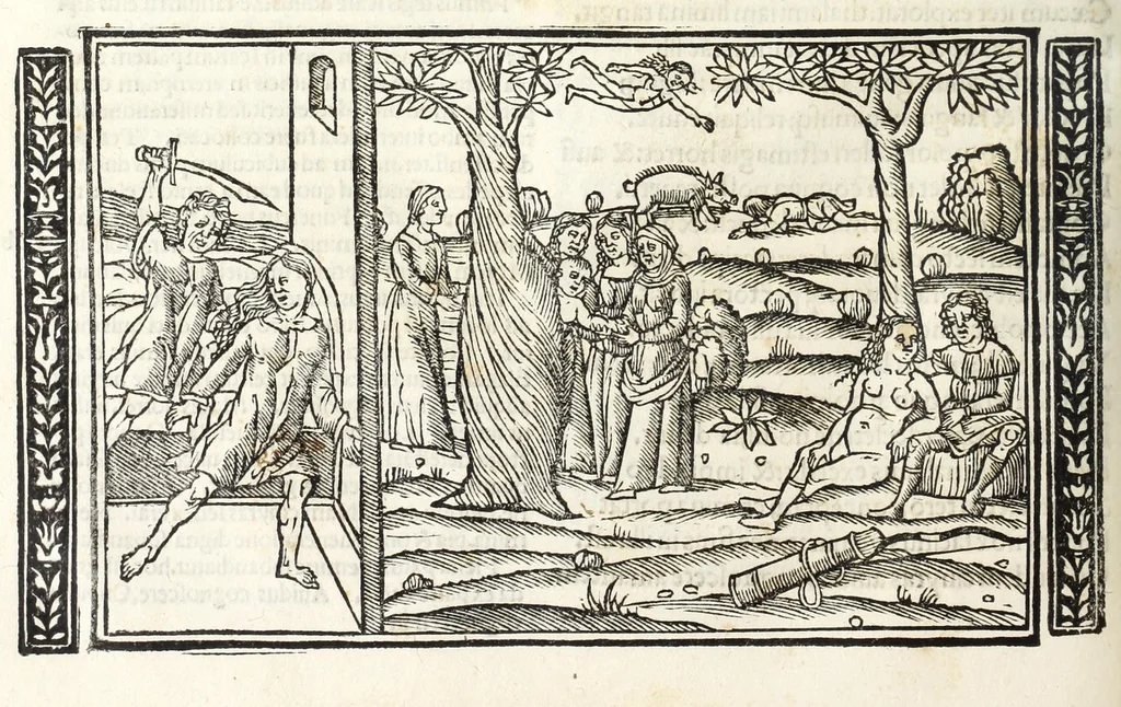 An illustration from P. Ouidii Metamorphosis : cum luculentissimis Raphaelis Regij enarrationibus : quibus cũ alia q̃da[m] ascripta sunt : q̃ in exemplarib[us] antea impressis nom inueniuntur : tum eorum apologia : q̃ fuerant a quibusdam reprehensa, 1517, leaf 236