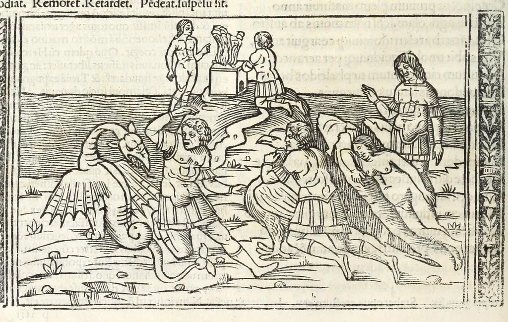 An illustration from P. Ouidii Metamorphosis : cum luculentissimis Raphaelis Regij enarrationibus : quibus cũ alia q̃da[m] ascripta sunt : q̃ in exemplarib[us] antea impressis nom inueniuntur : tum eorum apologia : q̃ fuerant a quibusdam reprehensa, 1517, leaf 248