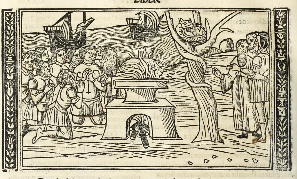 An illustration from P. Ouidii Metamorphosis : cum luculentissimis Raphaelis Regij enarrationibus : quibus cũ alia q̃da[m] ascripta sunt : q̃ in exemplarib[us] antea impressis nom inueniuntur : tum eorum apologia : q̃ fuerant a quibusdam reprehensa, 1517, leaf 262