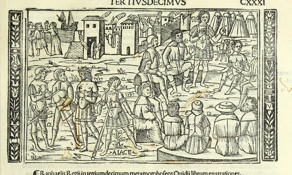 An illustration from P. Ouidii Metamorphosis : cum luculentissimis Raphaelis Regij enarrationibus : quibus cũ alia q̃da[m] ascripta sunt : q̃ in exemplarib[us] antea impressis nom inueniuntur : tum eorum apologia : q̃ fuerant a quibusdam reprehensa, 1517, leaf 277