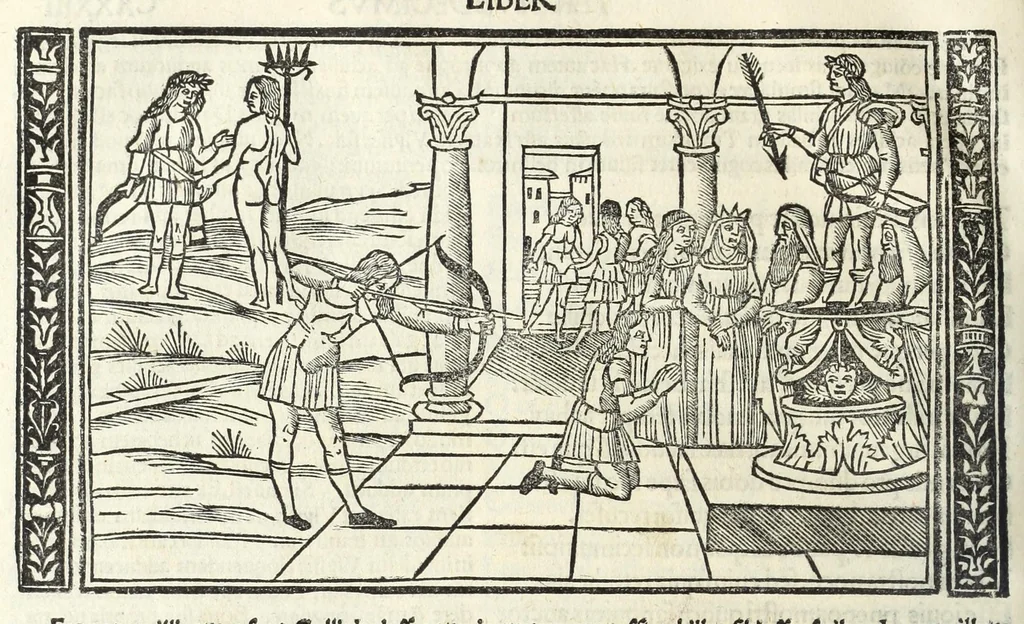 An illustration from P. Ouidii Metamorphosis : cum luculentissimis Raphaelis Regij enarrationibus : quibus cũ alia q̃da[m] ascripta sunt : q̃ in exemplarib[us] antea impressis nom inueniuntur : tum eorum apologia : q̃ fuerant a quibusdam reprehensa, 1517, leaf 282