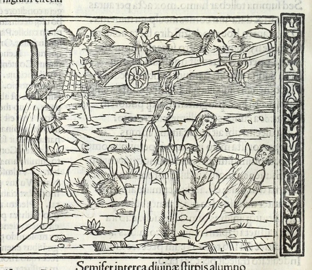 An illustration from P. Ouidii Metamorphosis : cum luculentissimis Raphaelis Regij enarrationibus : quibus cũ alia q̃da[m] ascripta sunt : q̃ in exemplarib[us] antea impressis nom inueniuntur : tum eorum apologia : q̃ fuerant a quibusdam reprehensa, 1517, leaf 68